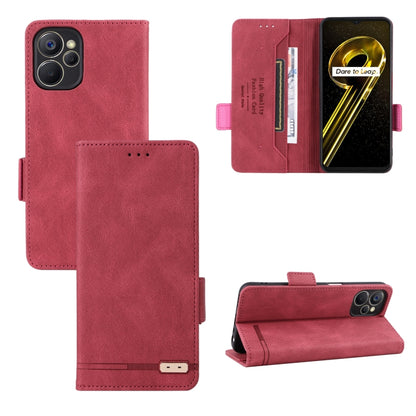 Red leather flip phone case with magnetic clasp and card slots; front cover pouch