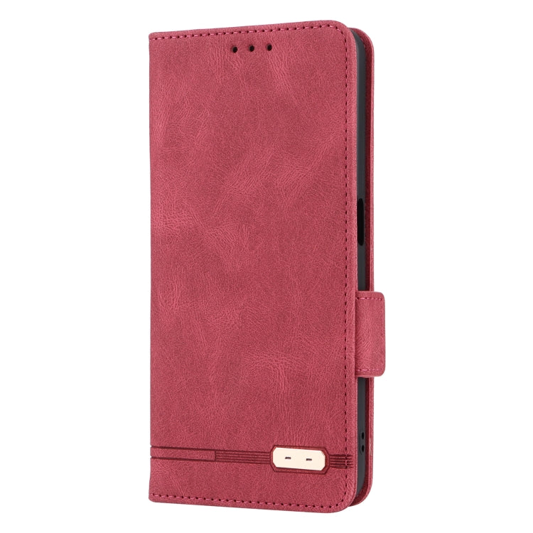 Red leather flip phone case with magnetic closure, stitched edges, and card slot