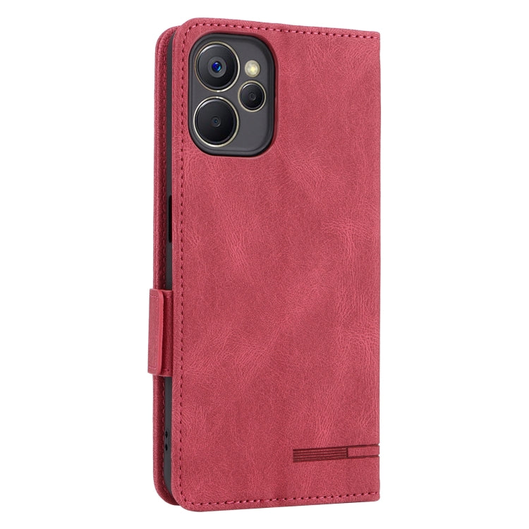 Red leather flip phone case with camera cutout and side magnetic strap