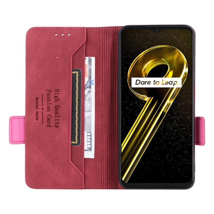 Red leather flip phone case open view with card slots and magnetic clasp tab