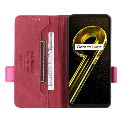 Red leather flip phone case open view with card slots and magnetic clasp tab
