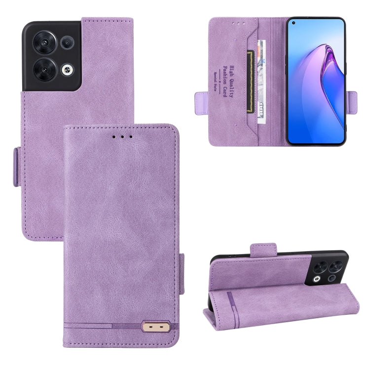 Purple flip leather phone case with magnetic clasp, belt-like strap, and card holder
