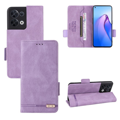 Purple flip leather phone case with magnetic clasp, belt-like strap, and card holder