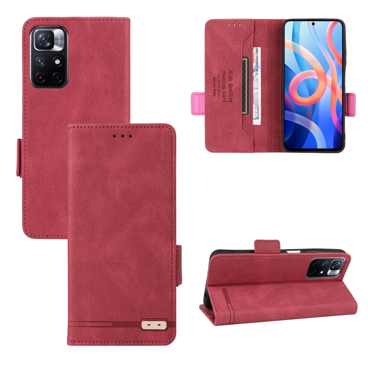 Red leather flip phone case set with front cover pouch, magnetic closure, and cutouts