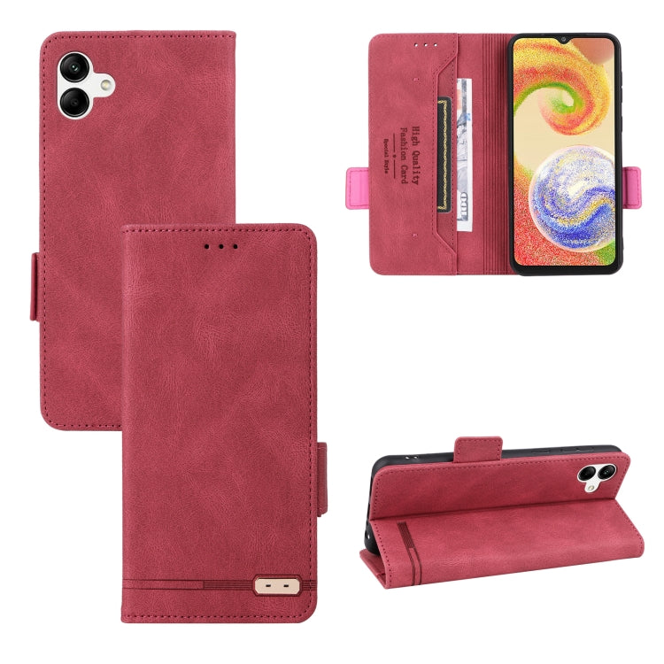 Red leather flip phone case with front cover pouch and magnetic clasp tab