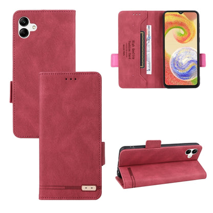 Red leather flip phone case with front cover pouch and magnetic clasp tab