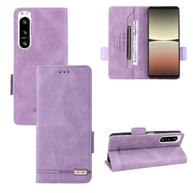 Purple flip leather phone case with magnetic clasp, side buttons cutouts, card holder
