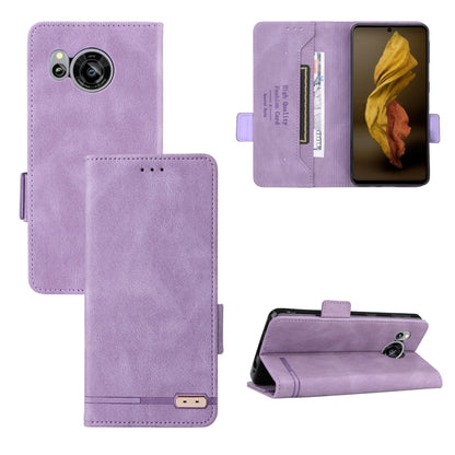 Purple magnetic clasp folio phone case in suede texture with camera cutout and card slot