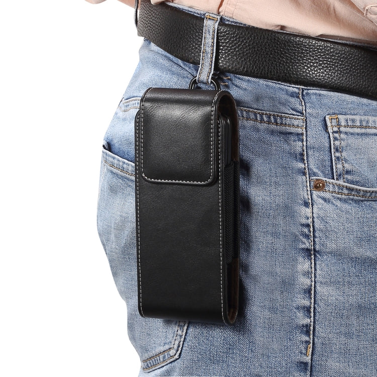 Black lambskin leather waist bag with flap and metal carabiner, slim phone size