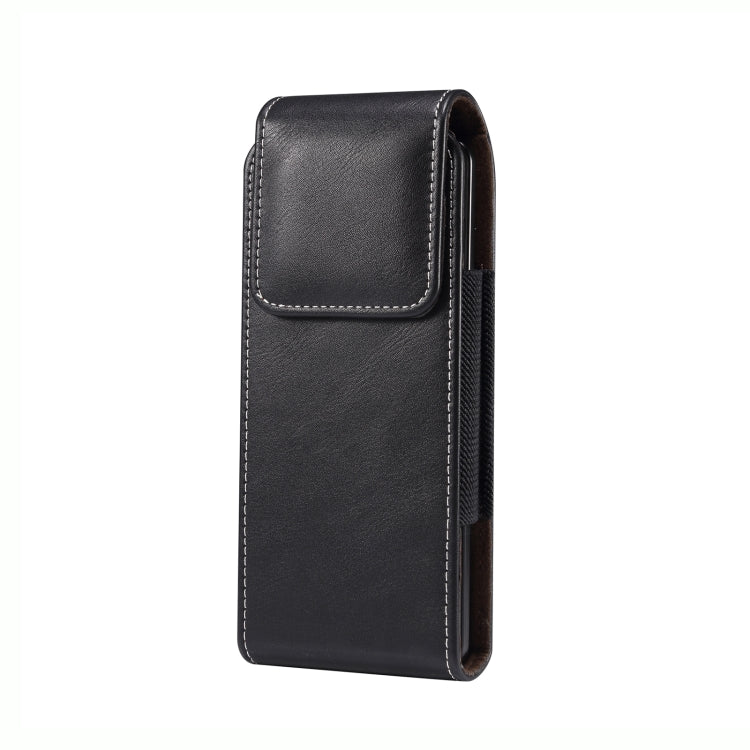 Black lambskin leather phone waist bag with top flap and stitched edge, front view