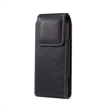 Black lambskin leather phone waist bag with top flap and stitched edge, front view