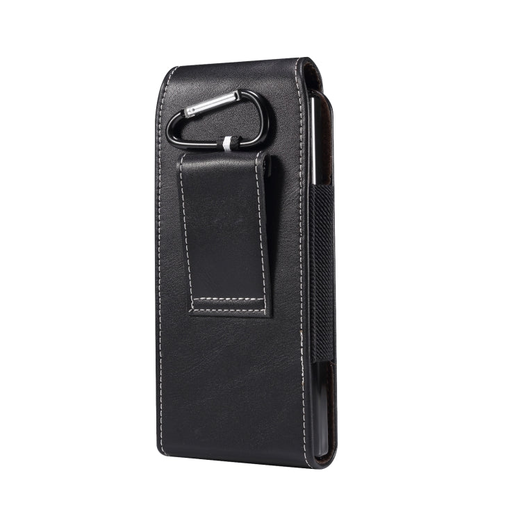 Black lambskin leather phone waist bag with carabiner clip, side view with flap