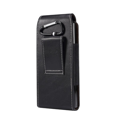 Black lambskin leather phone waist bag with carabiner clip, side view with flap