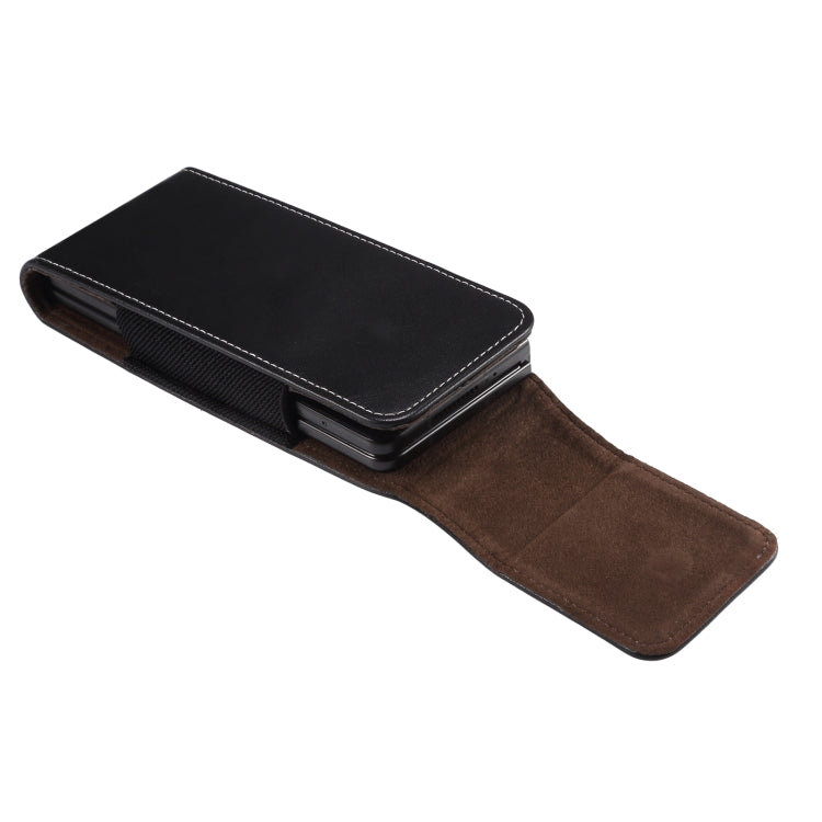Black leather phone waist bag with flip cover and brown inner strap holder