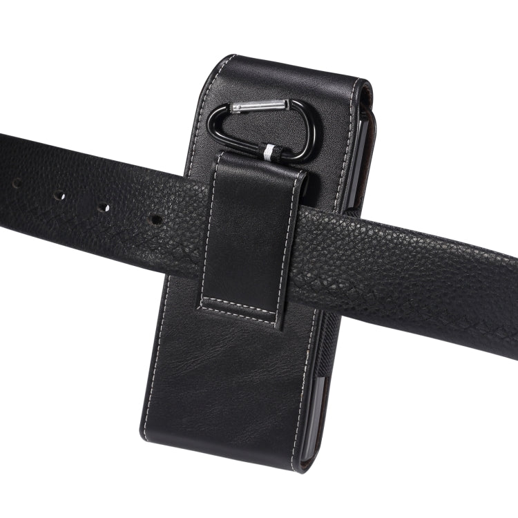 Black lambskin leather waist bag with belt loop and carabiner clip, side detail