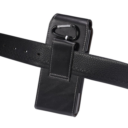 Black lambskin leather waist bag with belt loop and carabiner clip, side detail