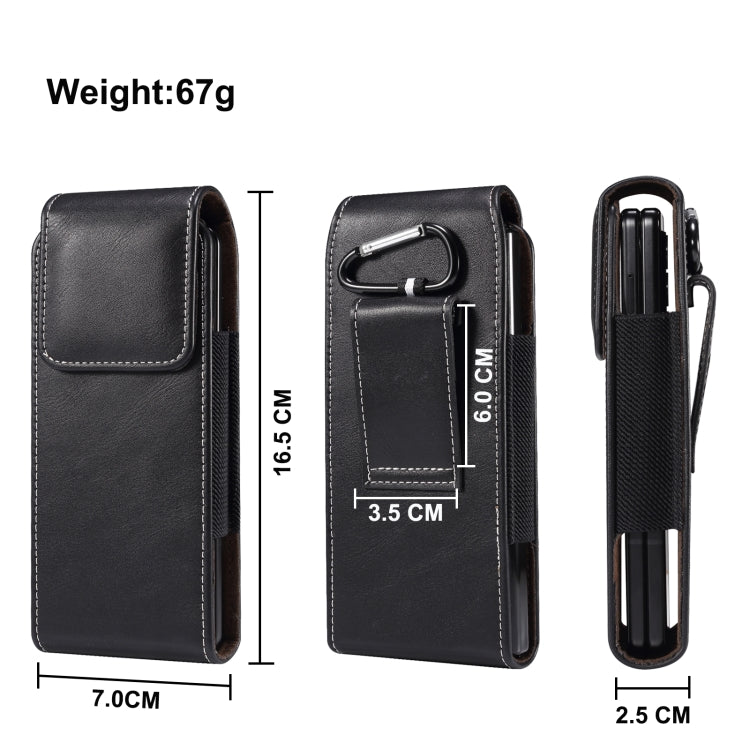 Black lambskin leather phone waist bag, three views with carabiner and belt loop