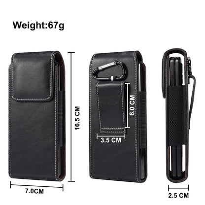 Black lambskin leather phone waist bag, three views with carabiner and belt loop