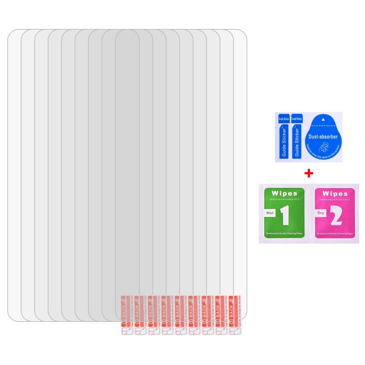 Ten-pack tempered glass screen protectors with cleaning wipes and dry wipes