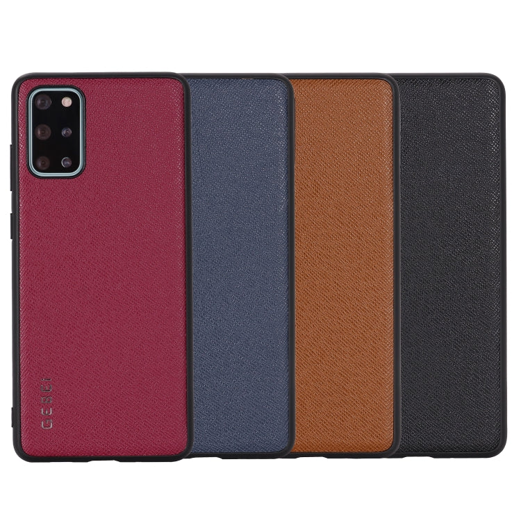 Leather phone case color set: red, blue, brown, and black with camera cutouts.