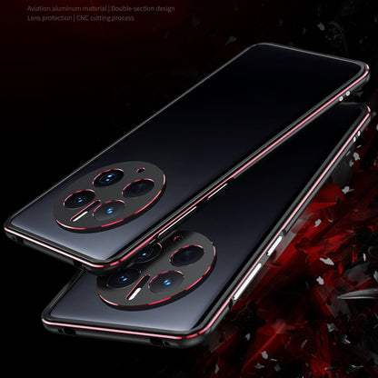 Metal phone case with lens cover for Huawei Mate 50 Pro, dark back with red trim