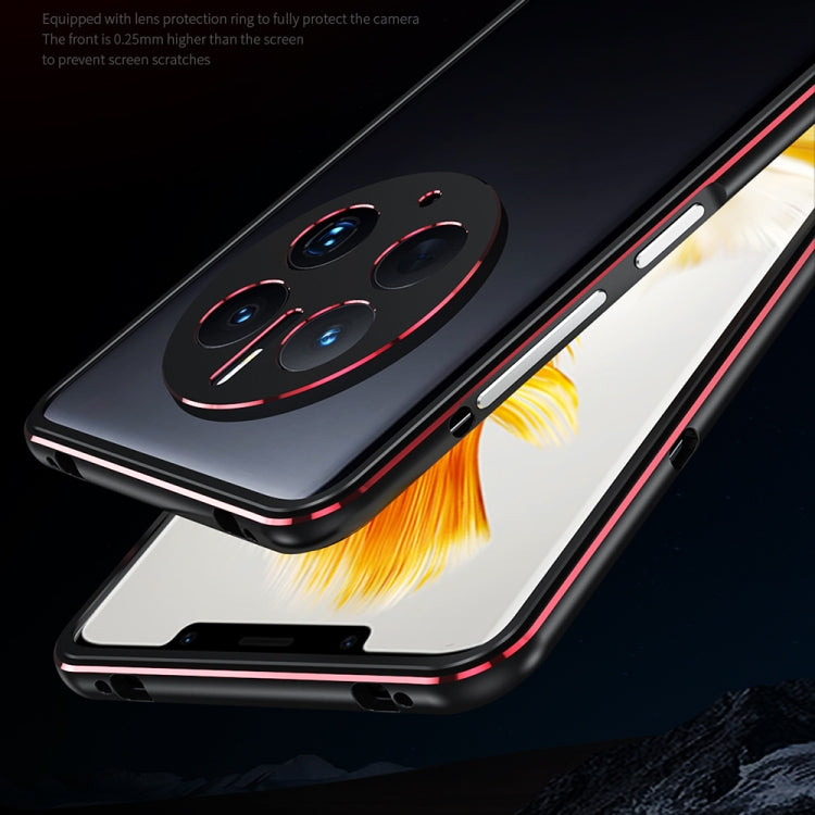 Black metal phone frame with lens cover and red trim, raised camera protection