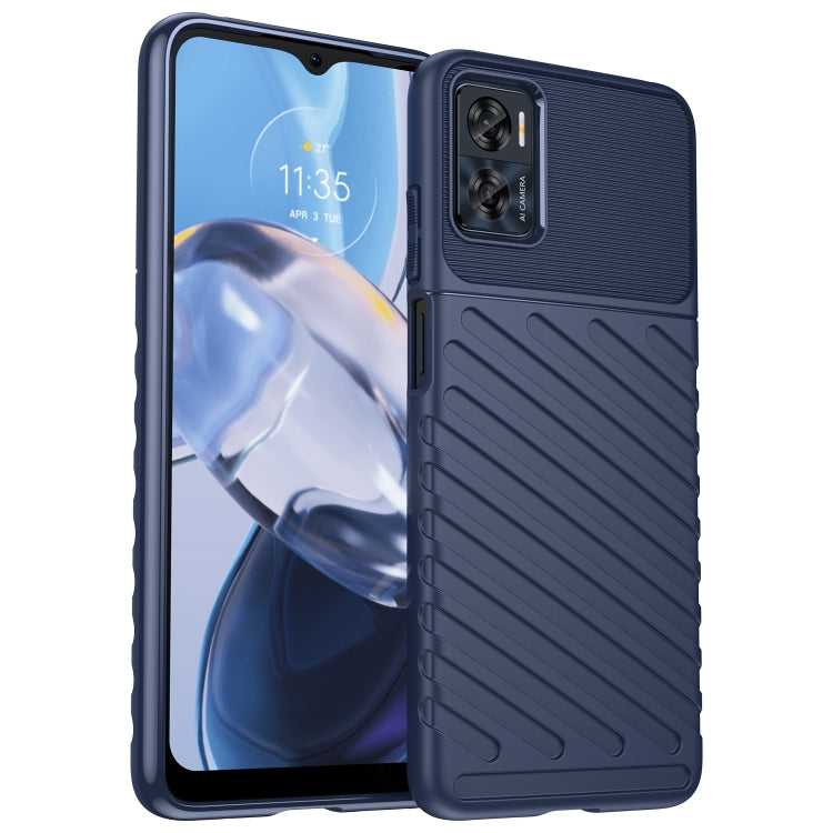 Blue TPU phone case with ribbed grip, raised edges, and dual camera cutouts.