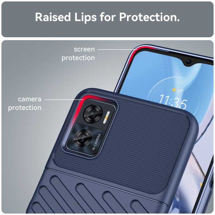 Blue TPU phone case with raised lip protection around screen and camera opening.