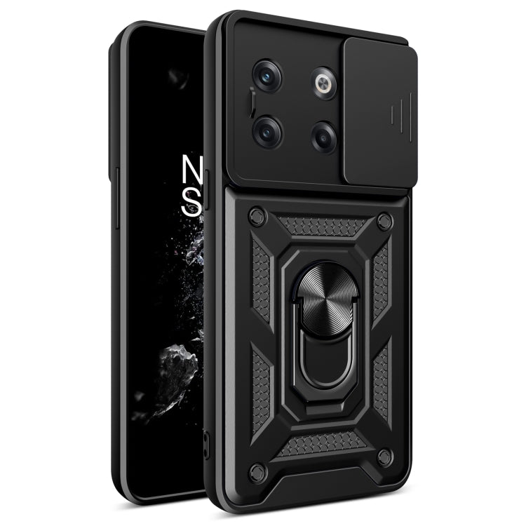 Black sliding camera cover phone case with rugged armor design and ring stand