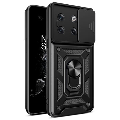 Black sliding camera cover phone case with rugged armor design and ring stand