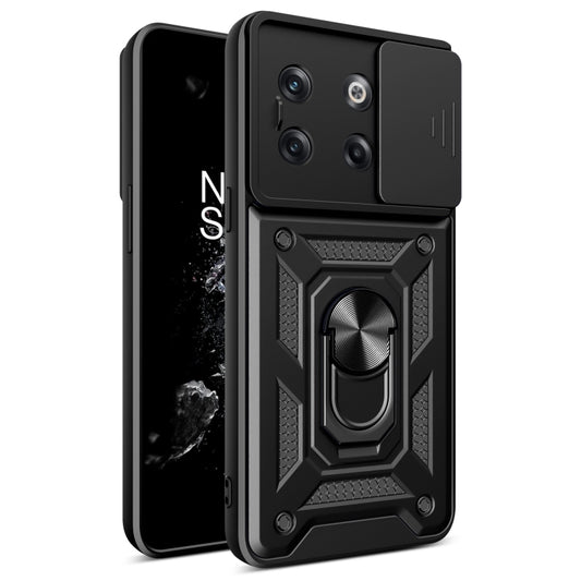 Black sliding camera cover phone case with rugged armor design and ring stand