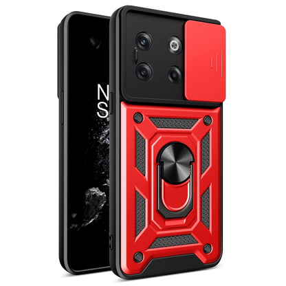 Red sliding camera cover phone case with rugged armor design and ring stand