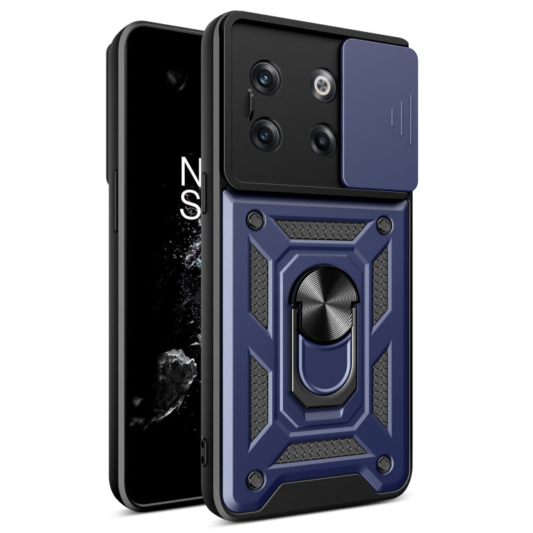 Blue sliding camera cover phone case with rugged armor design and ring stand