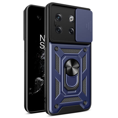 Blue sliding camera cover phone case with rugged armor design and ring stand