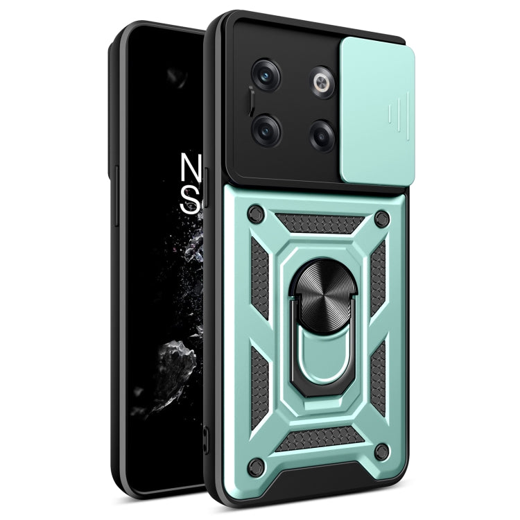 Mint green sliding camera cover phone case with rugged armor design and ring stand