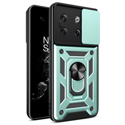 Mint green sliding camera cover phone case with rugged armor design and ring stand
