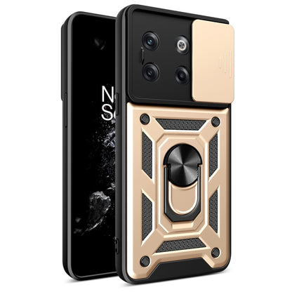 Gold sliding camera cover phone case with rugged armor design and ring stand