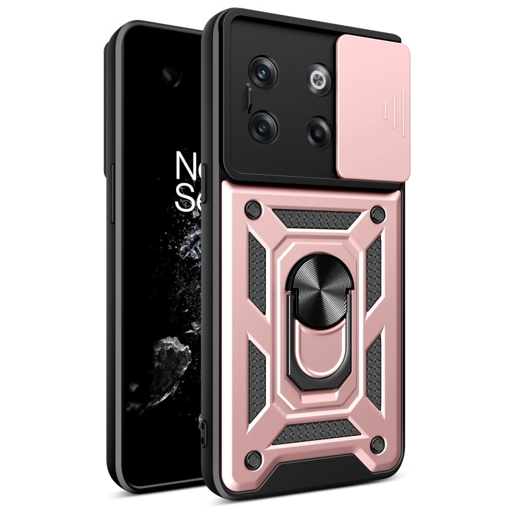 Rose pink sliding camera cover phone case with rugged armor design and ring stand