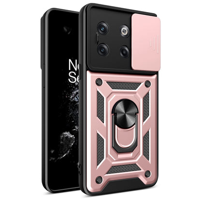 Rose pink sliding camera cover phone case with rugged armor design and ring stand