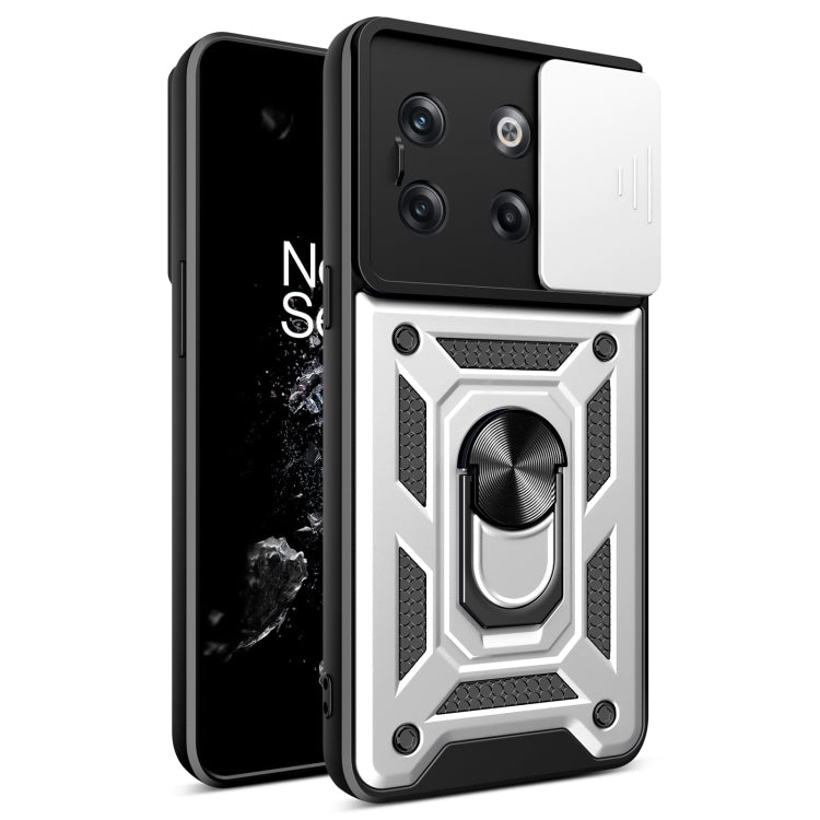 White sliding camera cover phone case with rugged armor design and ring stand