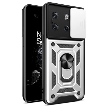 White sliding camera cover phone case with rugged armor design and ring stand