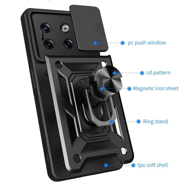 Black sliding camera cover phone case close-up with ring stand and TPU soft shell
