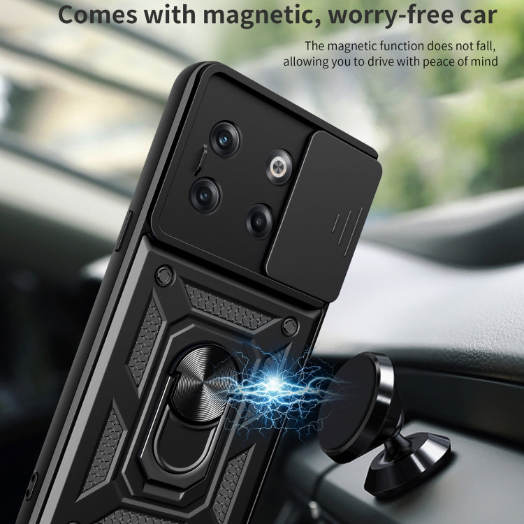 Black sliding camera cover phone case with ring stand for hands-free viewing