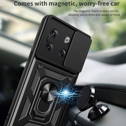 Black sliding camera cover phone case with ring stand for hands-free viewing