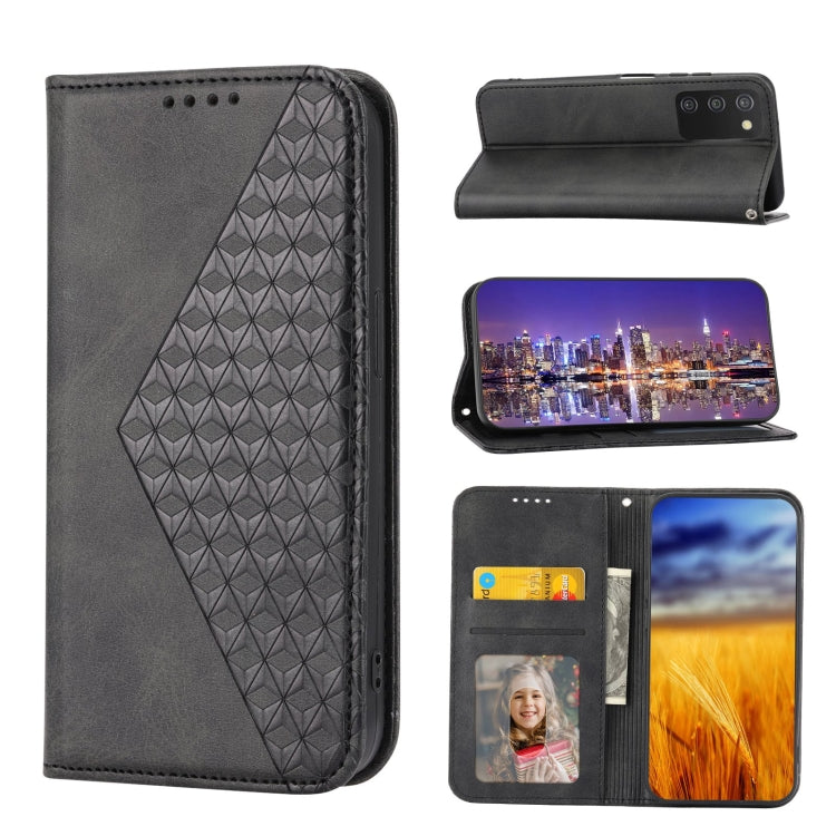 Black leather phone case with geometric grid texture and magnetic flap, card slots inside