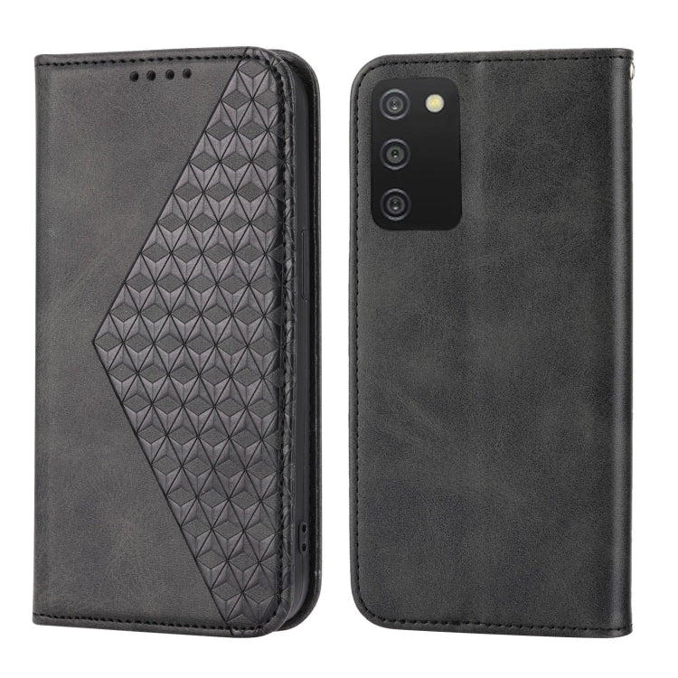 Black leather phone case with geometric grid panel, side buttons and camera cutouts