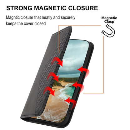 Black magnetic closure leather phone case with textured cover and secure clasp