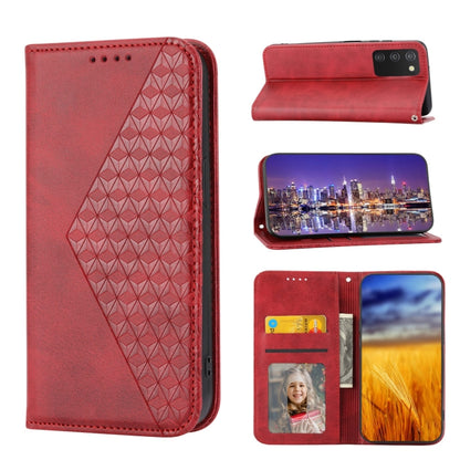 Red leather phone case with cubic grid texture and magnetic flip closure, card slots