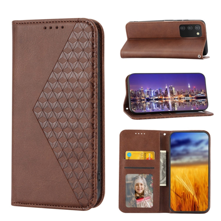 Magnetic leather phone case with cubic grid texture, card slots and photo window (brown)