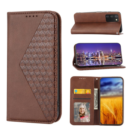 Magnetic leather phone case with cubic grid texture, card slots and photo window (brown)
